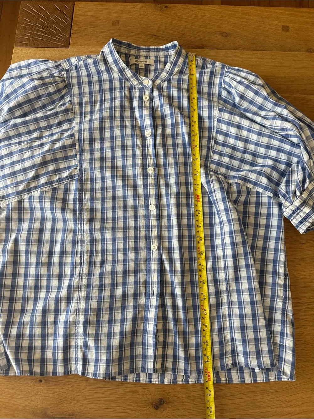 Madewell Blue and White Plaid Puff Sleeve Button-Front Top